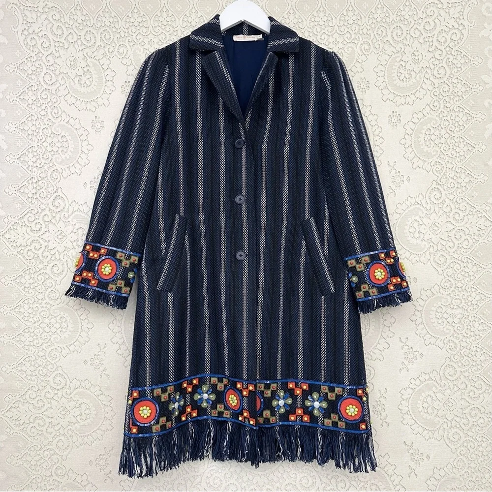 Tory Burch Luna Embellished Coat Black Navy